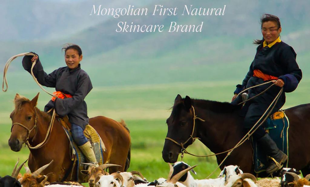 Two Mongolian women riding horses across natural landscapes of Mongolia, inspiring Lhamour's organic skincare with the text "Mongolian First Natural Skincare Brand."