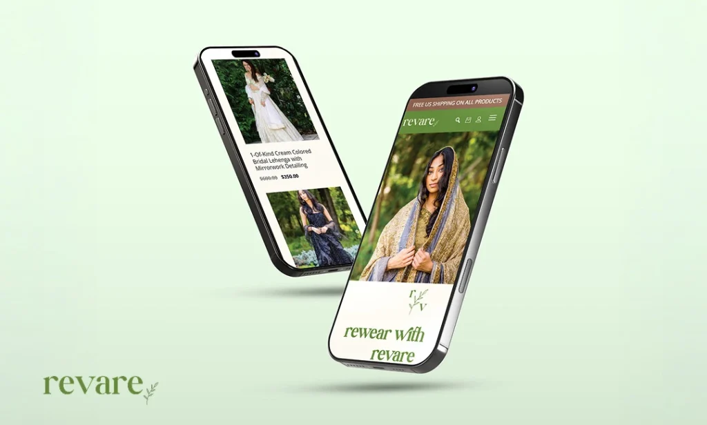 The Revare platform displays South Asian outfits available for purchase and rental on two mobile screens. 