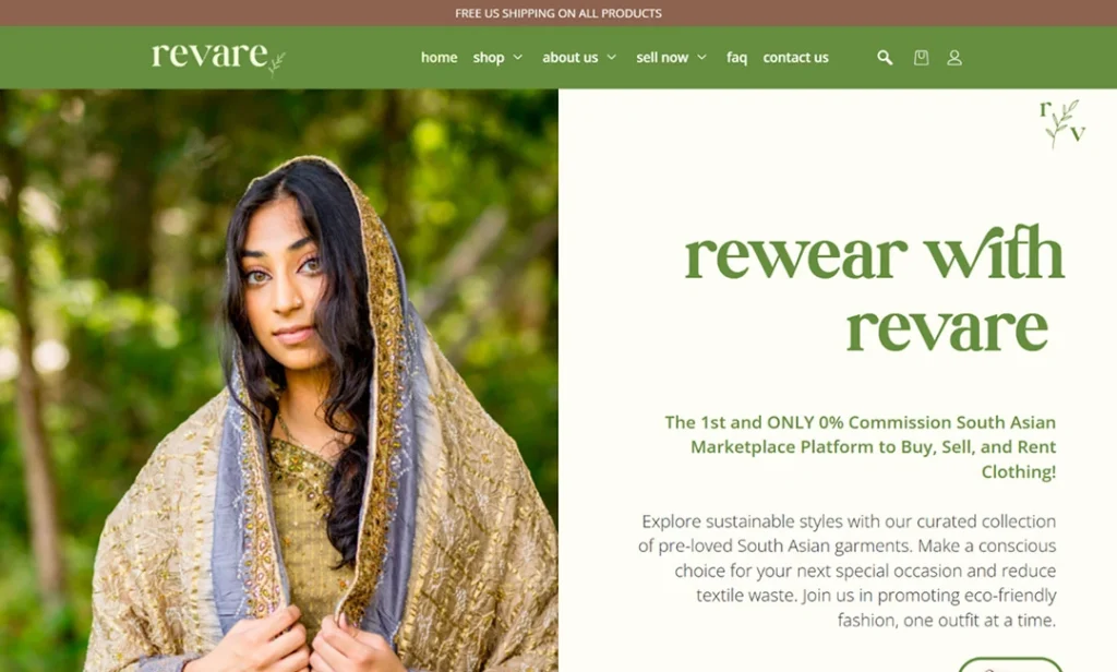 Screenshot of the Revare homepage, showcasing the first 0% commission South Asian fashion marketplace for buying, selling, and renting pre-loved clothing.